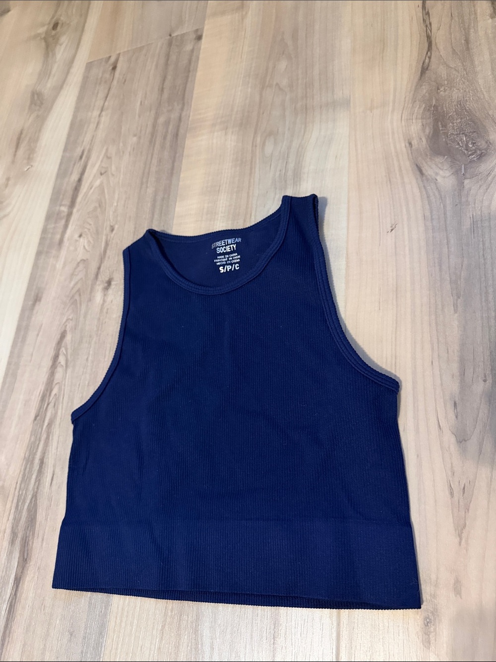 Charolette Russe size small cropped navy ribbed halter neck